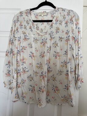 Cynthia Rowley Cream Floral Smocked Yoke Blouse with Pink & Blue Accents